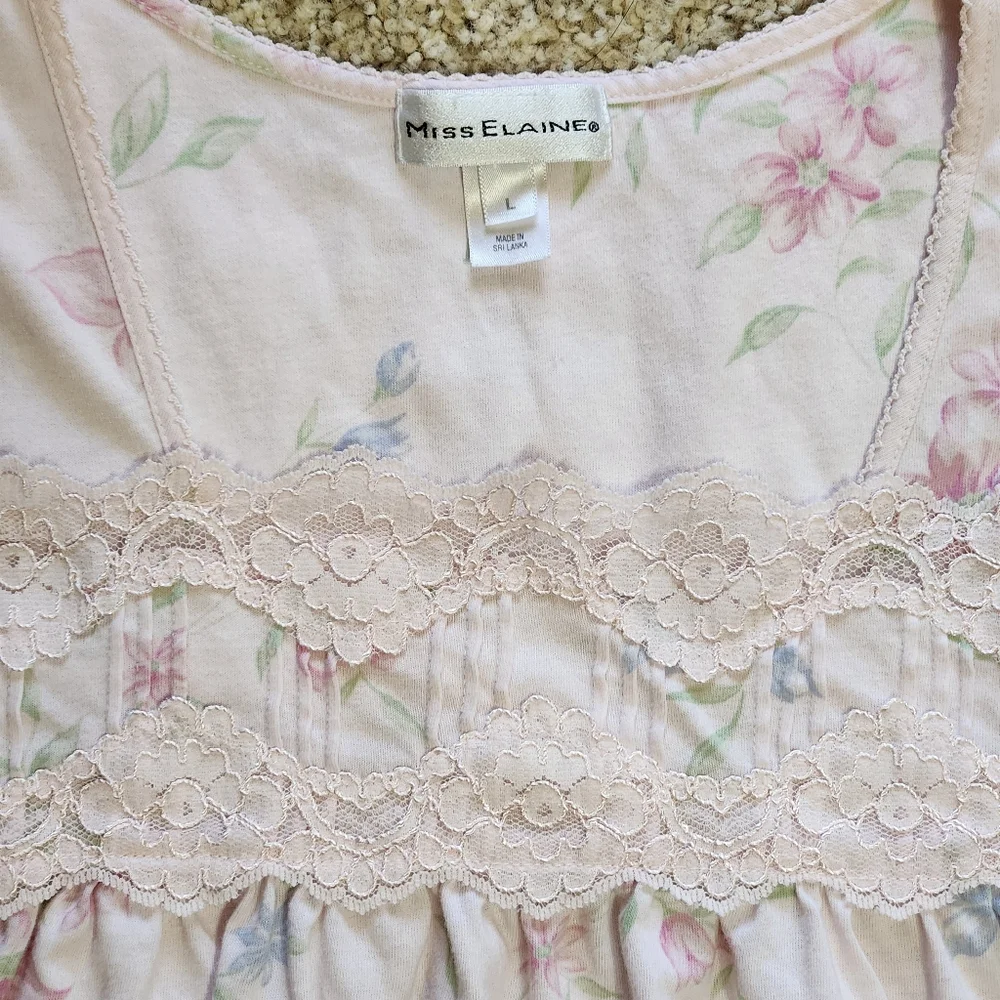 Miss Elaine Lace Yoke Floral Nightgown L | Vintage Style Pastel Silkyknit